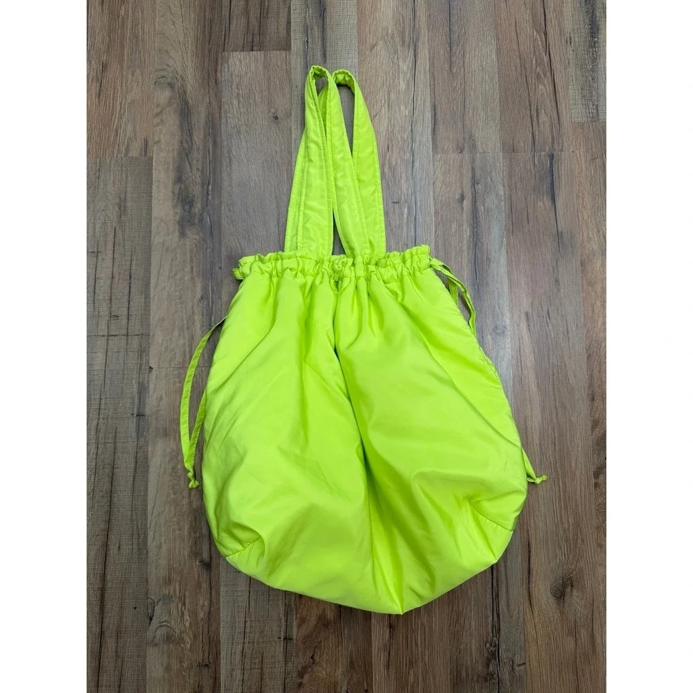Neon Green Nylon Tote Bag Ruched Top Shoulder‎ Bag Lightweight Large